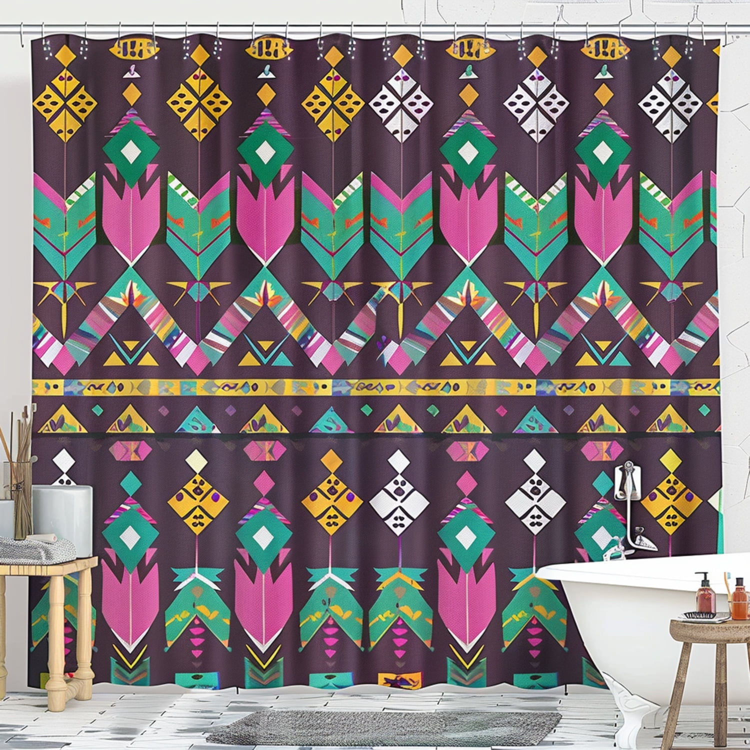 BohemianInspired Pastel Pattern Shower Curtain Set Arrows Triangles