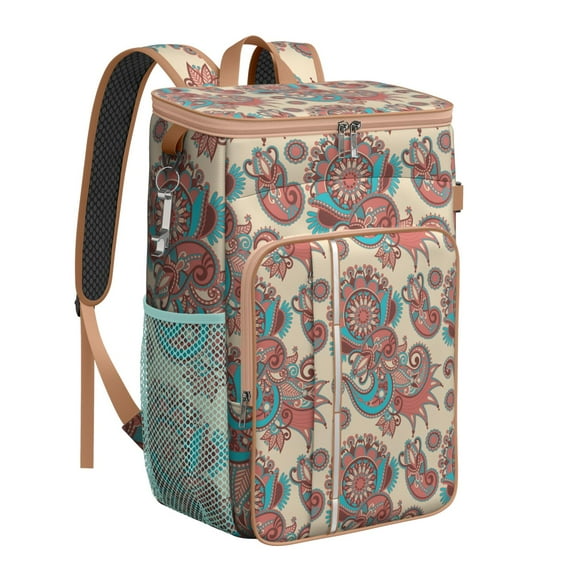 Bohemian Insulated Cooler Backpack 20L - Vintage Floral Pattern Leakproof Soft Cooler Bag for Camping, Picnic & Beach, Keeps Cold/Hot 20Hrs