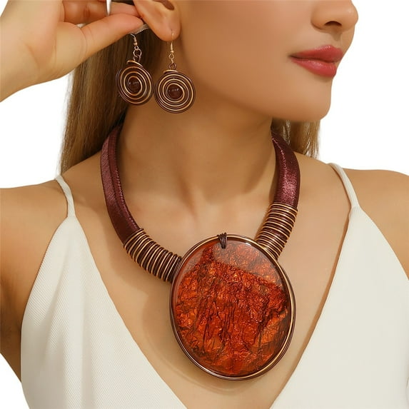 Bohemian Jewelry Big Round Resin Silver Tinfoil Pendant Necklace and Earring Set for Women Colorful Resin Bib Necklace and Earrings for Weddings Parties Everyday Wear