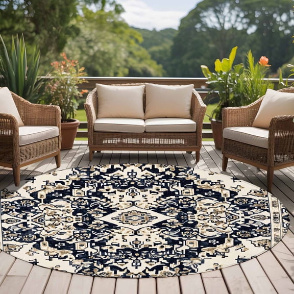 Bohemian Khaki 8ft Round Rug for Open Concept Living Room Seating Zone, Black Floral Geometric Texture Ethnic Art Washable Non Slip Large Circle Area Rug