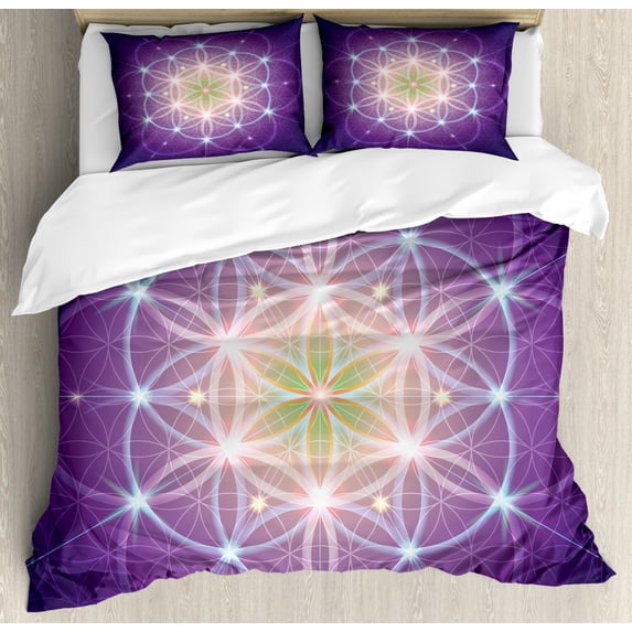 Bohemian King Size Duvet Cover Set, Interlace Circles Sign of Cosmos Harmony Folk Hidden Abstract Motif, Decorative 3 Piece Bedding Set with 2 Pillow Shams, Dark Purple Blue Yellow, by Ambesonne