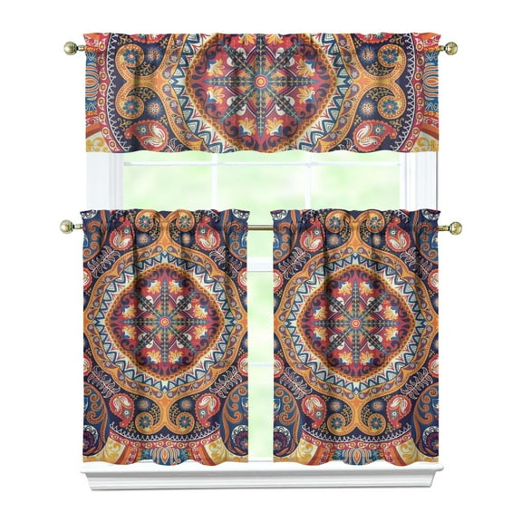 Bohemian Kitchen Curtains 3-Piece Set - Colorful Paisley Design, Ethnic Floral Rod Pocket Tiers & Valance, Light Filtering Caf Curtains for Small Windows