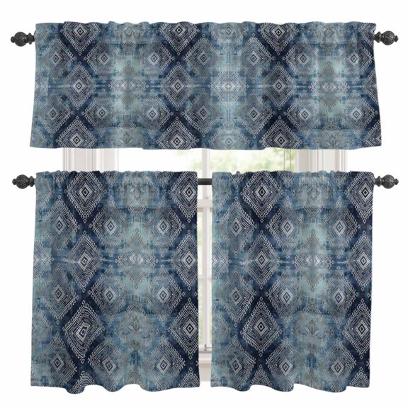 Bohemian Kitchen Curtains Valances 3 Piece Set, Blue Mottled Tribal Geometric Pattern Argyle Plaid Rod Pocket Tier Curtain and Valance Drapes for Small Window 24 Inch Length for Bedroom Cafe