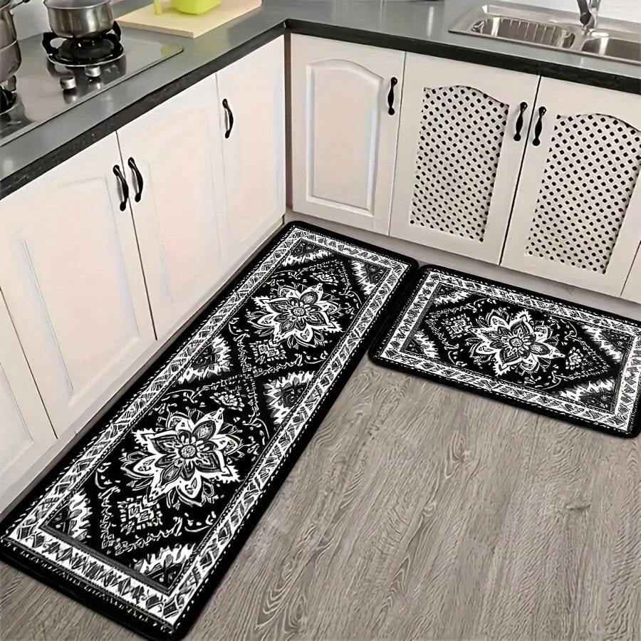 Bohemian Kitchen Mat Set Multicolor Floral Pattern 2-Piece Non-Slip ...