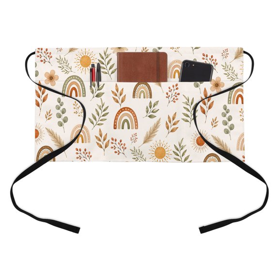 Bohemian Kitchen Restaurant Half Waist Apron, Watercolors Rainbows Botanical Leaves Flower Sun Server Short Apron with 3 Pockets Waterproof Oil Waist Aprons for Women Waitress Waiter