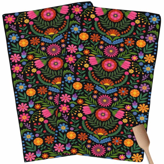 Bohemian Kitchen Towel Dish Cloths Set of 2, Microfiber Soft Kitchen Hand Towels, Red Green Tribal Mexican Abstract Flower Absorbent Quick Drying Dishcloths 18 x 28 Inches