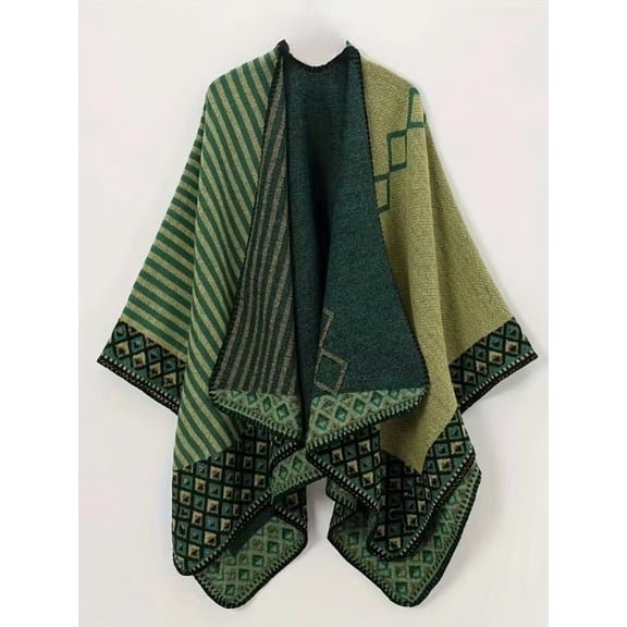 Bohemian Knit Poncho Shawl, Ethnic Print Cape for Women Travel Photography,160*135cm,10