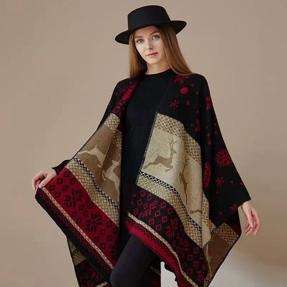 Bohemian Knit Poncho Shawl, Ethnic Print Cape for Women Travel Photography,160*135cm,41