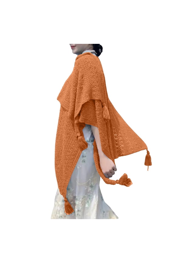 Bohemian Knit Shawl with Artisan Fringe & Slit Design, Plus Size Women's Shawl, Ethnic Knitted Wrap for Women Festival Travel Vintage Style Winter Accessory