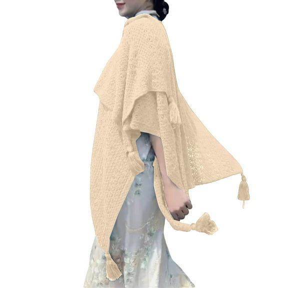 Bohemian Knit Shawl with Artisan Fringe & Slit Design, Plus Size Women's Shawl, Ethnic Knitted Wrap for Women Festival Travel Vintage Style Winter Accessory