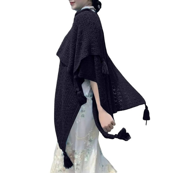 Bohemian Knitted Tassel Shawl Wrap Women’s Ethnic Style Open Front Slit Detail Lightweight Cover Up