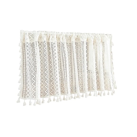 Bohemian Lace Tier Curtain with Tassels Semi-Sheer Polyester Cafe Panel for Kitchen Cabinet 59x18 Inch White