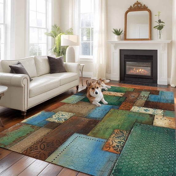 Bohemian Large Area Rugs 8x10 ft Modern Mottled Art Prints Geometric Plaid Patchwork Washable Rug Non Slip Indoor Carpet Absorbent Floor Mat for Living Room Bedroom Dining Room