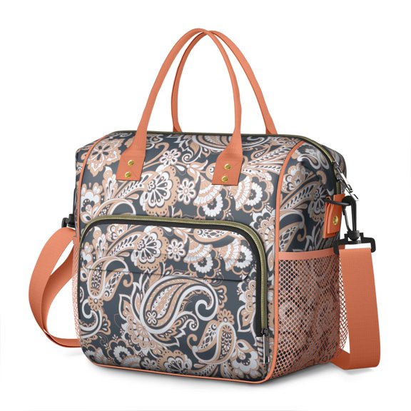 Bohemian Large Insulated Tote Bag - Rustic Floral Leakproof Cooler Bag, Durable Lunch Tote with Detachable Strap for Outdoor & Office