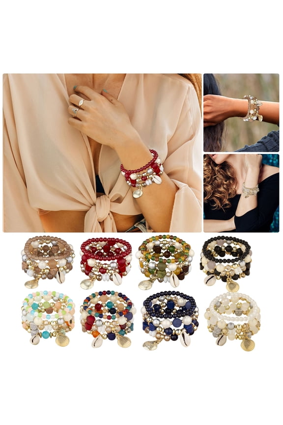 Bohemian Layer Bracelet Set Elastic Bead String 4 Piece Jewelry for Everyday Wear,6 cm,Orange