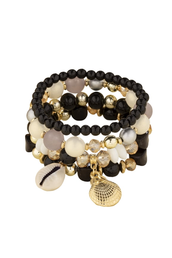 Bohemian Layer Bracelet Set Elastic Beaded String Jewelry for Everyday Style and Layering Trend,6 cm,Black