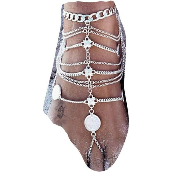 Bohemian Layered Coin Anklet with Toe Ring Beach Barefoot Sandals Jewelry Summer Ankle Bracelet for Women