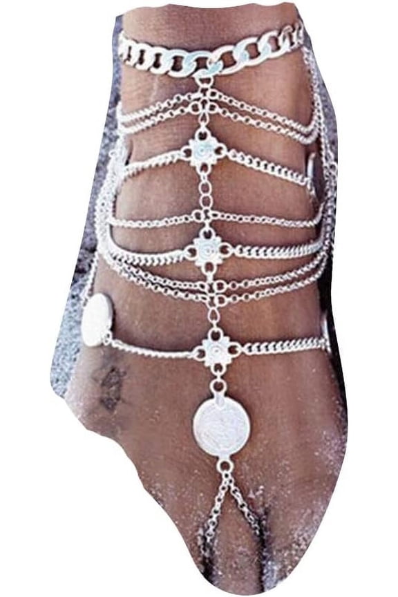 Bohemian Layered Coin Anklet with Toe Ring Beach Barefoot Sandals Jewelry Summer Ankle Bracelet for Women