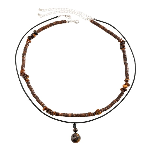 Bohemian Layering Necklace Set With Tigereye Stone And Coconut Shell Beads Adjustable Cord Neck Jewelry