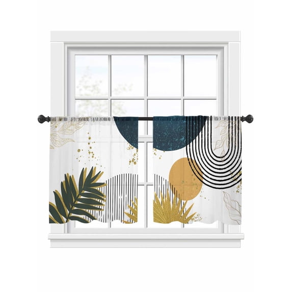 Bohemian Leaf Sheer Curtains 2 Panels Set Boho Geometric Stripes Lines Dark Green Sheer Window Curtains Light Filtering Rod Pocket Voile Drapes for Bedroom Living Room 52"x54"