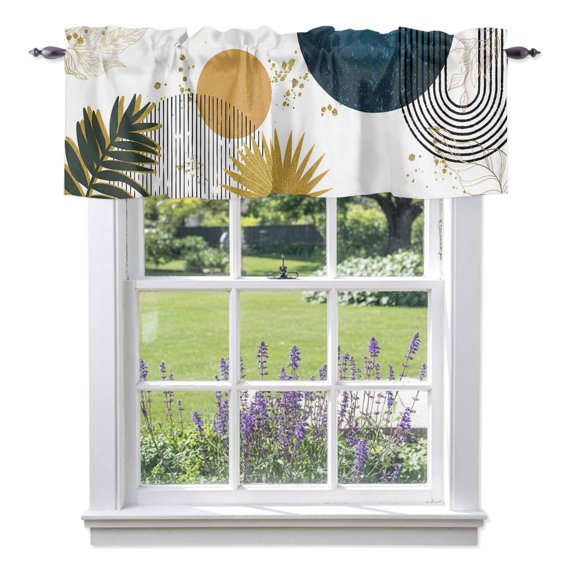 Bohemian Leaf Valances for Windows Boho Geometric Stripes Lines Dark Green Rod Pocket Cafe Window Treatments Valance Curtains for Kitchen Bathroom Laundry Basement Windows 54"x18"