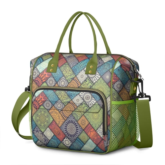 Bohemian Leakproof Lunch Bag - Large Insulated Cooler Tote with Four-Layer Thermal Design, Rustic Tribal Folk Patterns, Durable & Stylish for Outdoor, School, Work