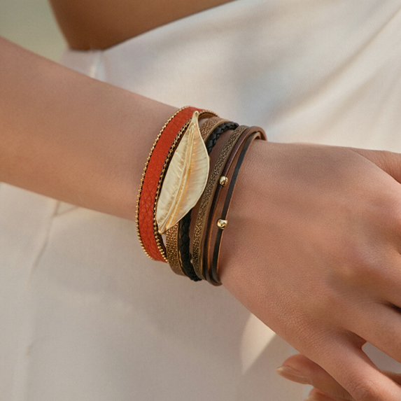 Bohemian Leather Bracelet Set Leaf Charm Layered Beaded Wrap Cuff Non Adjustable Wristband Jewelry for Women Men 2 Piece