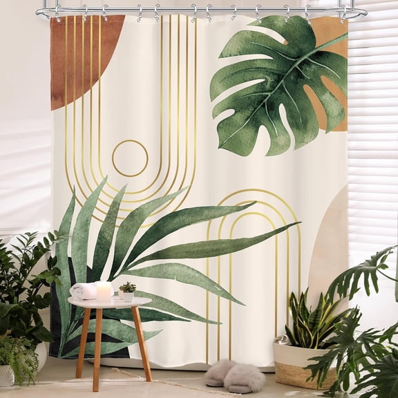 Bohemian Leaves Mid Century Shower Curtain 72Wx72L Inches Tropical Abstract Boho Botanical Bathroom Curtains Set Plant Palm Leaf Green Minimalist Bath Accessories Art Home Decor Fabric