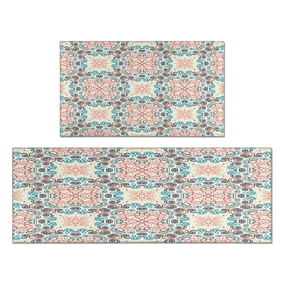 Bohemian Light Geometric Design Kitchen Rugs and Mats Sets Of 2, Funny Kitchen Decoration Rubber Backing Non-Slip Absorbent Mats for Sink Waterproof Runner Rug for Laundry Room 17x30+17x48inch