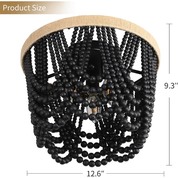 Bohemian Lighting Bohemian Chandelier Handmade Beaded Chandelier Vintage Hemp Rope Woven Ceiling Lighting 3 Lights Wood Bead Chandelier Nursery Lighting Bedroom Ceiling Light (Black)