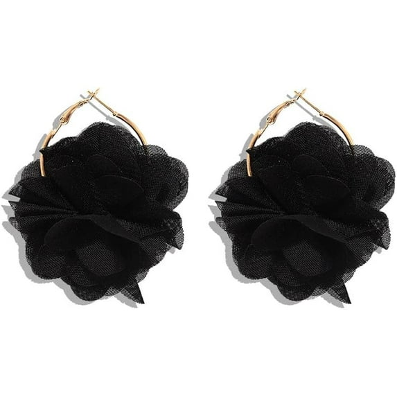 Bohemian Lightweight Big Fabric Flowers Dangle Earrings Handmade Charm Chic Petal Hoop Earrings Chiffon Floral Tassel Drop Earrings for Women Vacation Wedding Jewelry