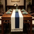 thumbnail image 1 of Bohemian Linen Table Runner with Knotted Tassels for Dining, Coffee Table, or Home Decor Dark Blue, 1 of 6