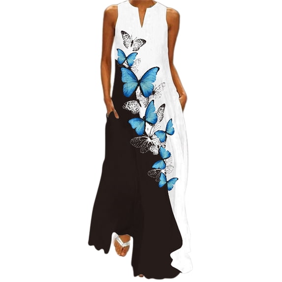 Bohemian Long Maxi Dress for Women Sleeveless V Neck Summer Beach Sundress Ladies Party Holiday Long Dress with Pockets