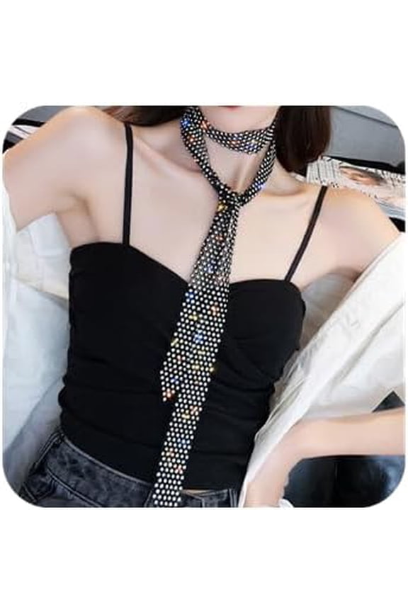 Bohemian Long Rhinestone Necklace Black Tie with Sparkling Crystal Punk Body Waist Chain for Women