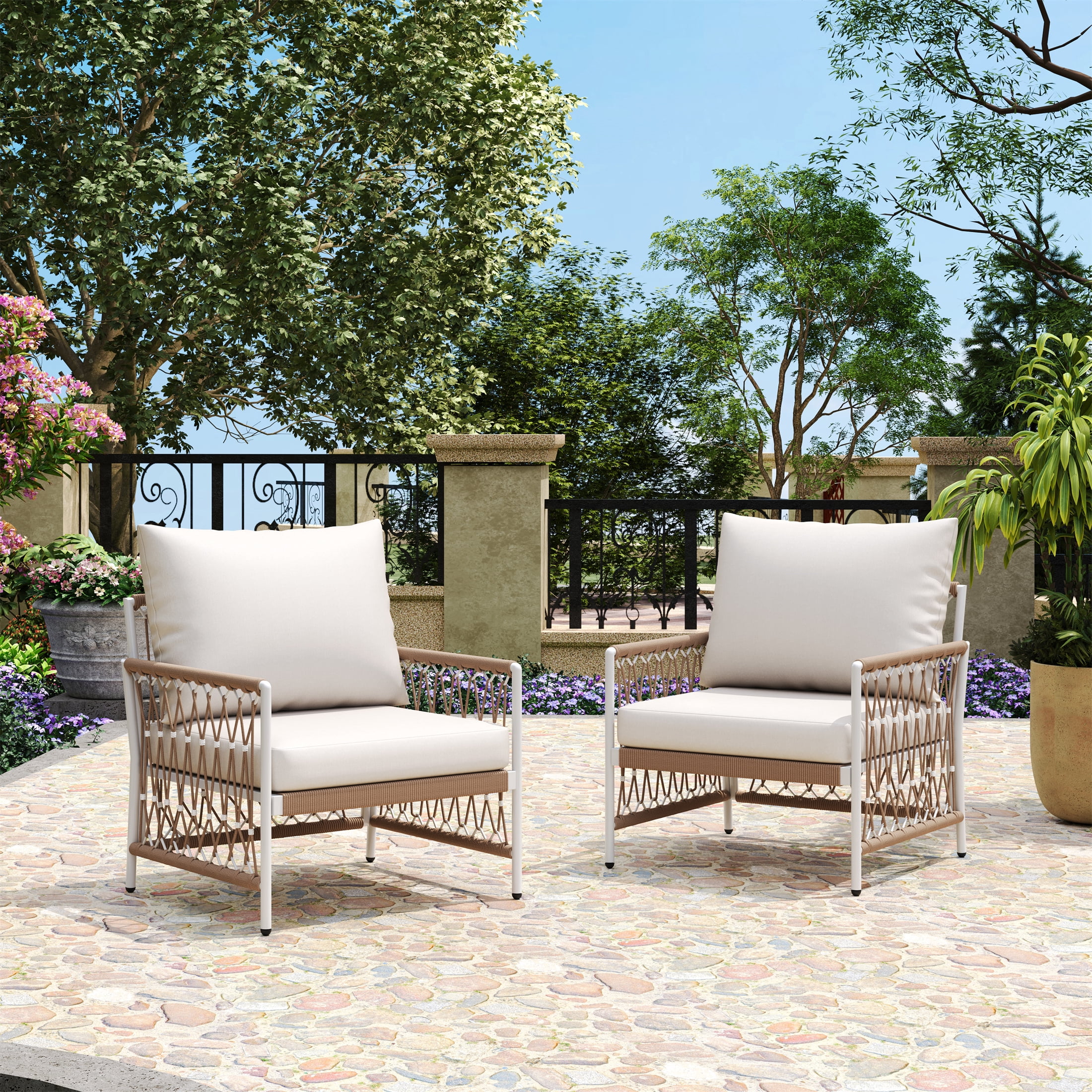 Bohemian Lounge Chair, Outdoor Chair with Handwoven Rope and Steel Frame for Patio Garden, Brown and Beige