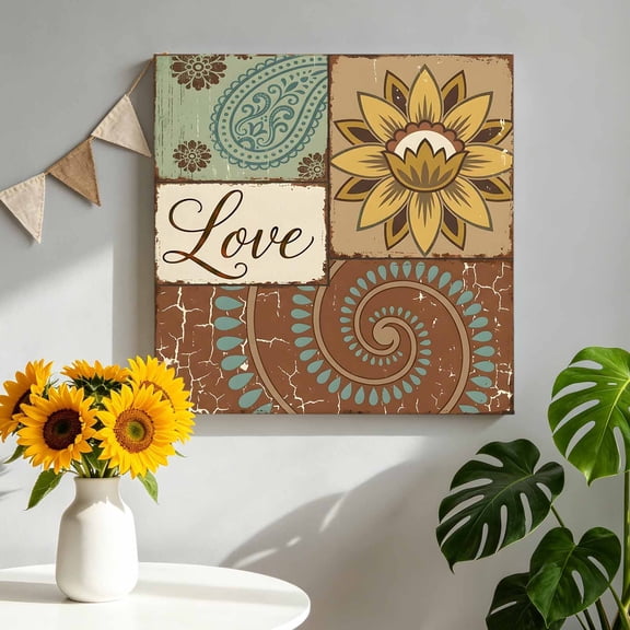 Bohemian Love Canvas Wall Art, Boho Vintage Abstract Yellow Sunflower Floral Leaf Pictures Wall Decor Wooden Framed Artwork Art Prints for Living Room Hallway Bedroom Office 8"x8"