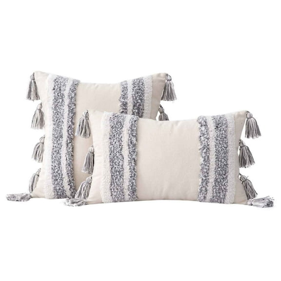 Bohemian Lumbar Pillow Cover - Textured Striped Decorative Throw with Tassels for Sofa, Couch & Bed