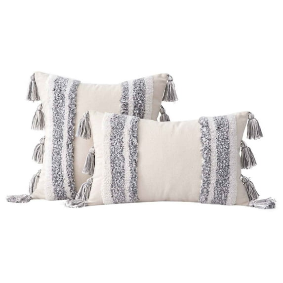 Bohemian Lumbar Pillow Cover - Textured Striped Decorative Throw with Tassels for Sofa, Couch & Bed