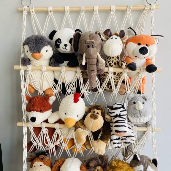 Bohemian Macrame 4-Tier Wall Hanging Storage Net with Tassels, Handwoven Boho Style Hanging Organizer, for Home Decor Stuffed Animal Toy Display Living Room Nursery