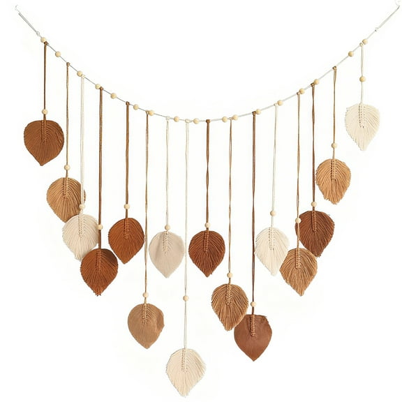 Bohemian Macrame Wall Hanging, Hand Woven Cotton Tapestry, Large Leaf Design with Wooden Beads, Khaki Aesthetic Wall Art for Bedroom Living Room Decoration