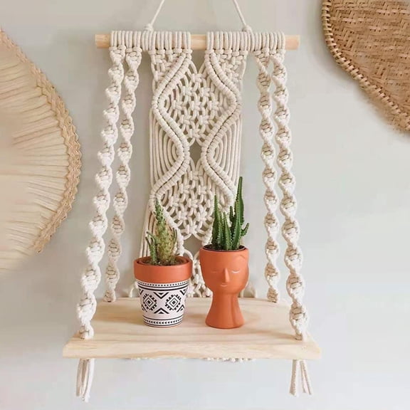 Bohemian Macrame Wall Hanging Shelf, Modern Chic Woven Macrame estries Floating Shelf, Wall Decor, Books, Planter, Vase Display Shelf Rack