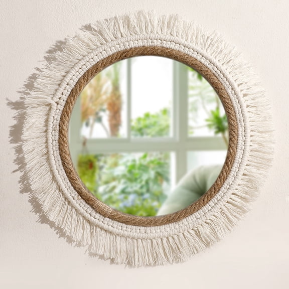 Bohemian Macrame Wall Mirror, Shatterproof Acrylic Round Decorative Hanging Mirror