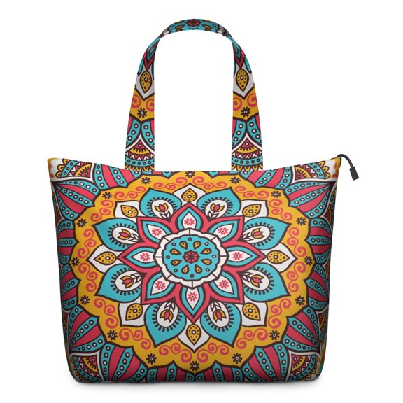 Bohemian Mala Art Duffel Indian Style Trippy Meditation Travel Tote, Abstract Geometric Pattern Weekender Bag for Zen Spiritual Energy