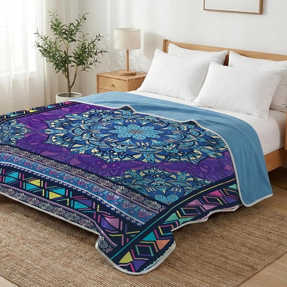 Bohemian Mandala 2-in-1 Reversible Summer Quilt, Dual Sided Warm Milk Velvet and Cool Duvet, Lightweight Breathable All-Season Comforter for Hot Sleepers & Night Sweats 30" x 40"
