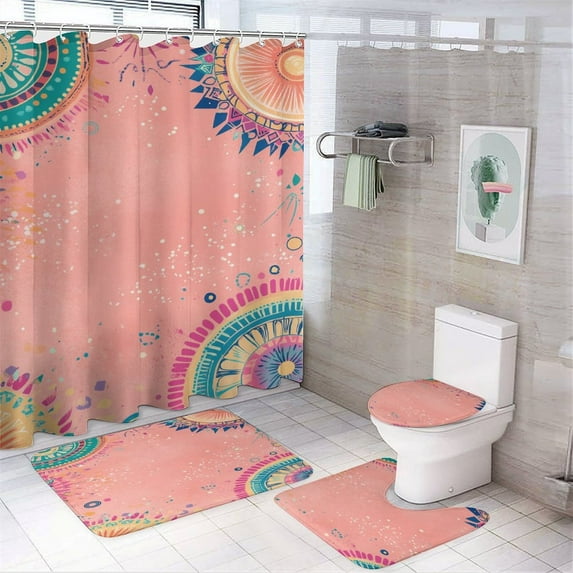 Bohemian Mandala (77) Shower Curtain Set 4PCs with Hooks Waterproof Bathroom Toilet Mat Lid Decor