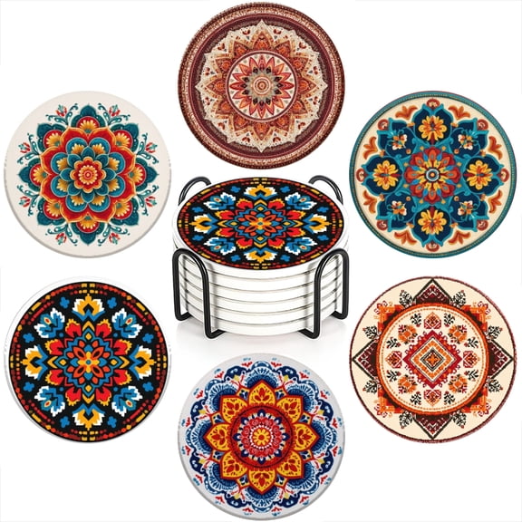 Bohemian Mandala Ceramic Coasters with Black Holder, Set of 6 Ceramic Coasters for Coffee Table Decor, Absorbent Ceramic Drink Coasters with Cork Backing for Table Protection