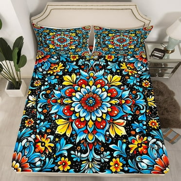 Bohemian Mandala Fitted Sheet Twin,Vintage Tribal Exotic Floral Bed Sheets with Deep Pocket,Mexican Otomi Bedding Set,Southwestern Colorful Retro Flower Sheets（No Top Sheet）