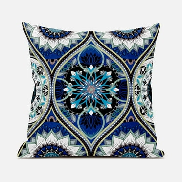 Bohemian Mandala Vector Indoor/Outdoor Pillow with Removable Cover in Blue White Turquoise16x16