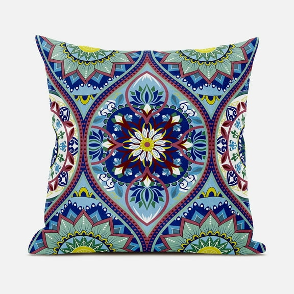 Amrita Sen Bohemian Mandala Vector Indoor/Outdoor Pillow with Removable Cover in Blue Pink White Yellow20x20