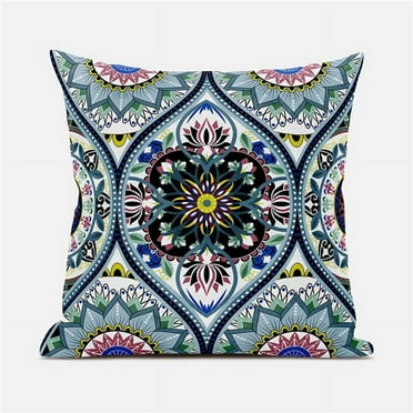 Bohemian Mandala Vector Throw Pillow with Removable Cover in White Blue Yellow 20x20